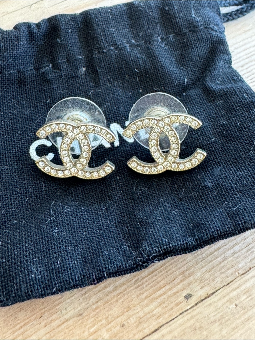 CHANEL Authentic Crystal CC Logo Stud Earrings